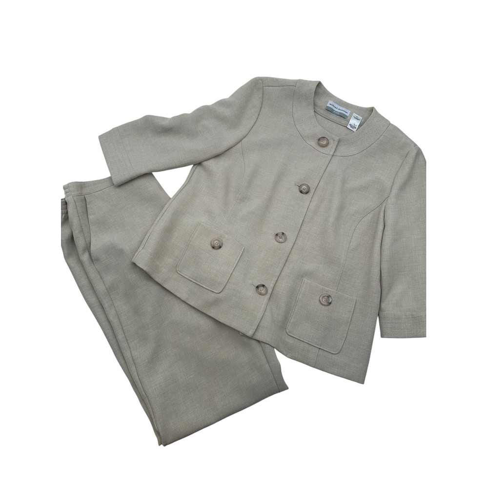 Alfred Dunner Petite Tan 2 Piece Pant Suit Set Size 10P Button Jacket Trousers